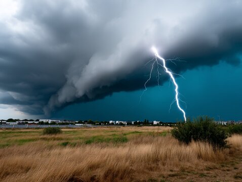 Dramatic thunderstorm with lightning bolt over a field