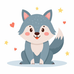 Cute Wolf in Simple Vector Style – Minimalist Cartoon Animal Illustration Isolated on White Background