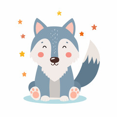 Cute Wolf in Simple Vector Style – Minimalist Cartoon Animal Illustration Isolated on White Background