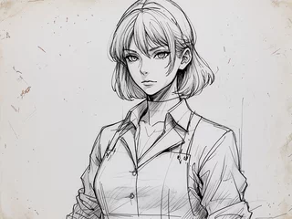 Anime adult woman sculptor on art line drawing in plain white background