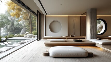 Chic office meeting space with floating desks and cozy lounge seating in modern design.