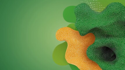 Abstract Green and Orange Dotted Shapes on Green Background