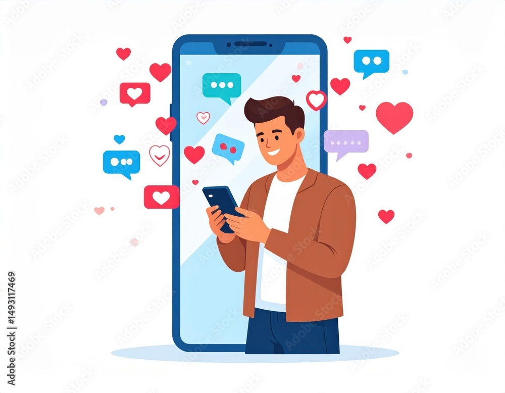 Aufkleber smiling man using smartphone with social media notifications