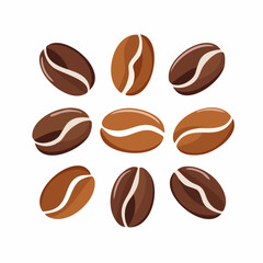 Flat Vector Coffee Beans Set in Various Shapes and Angles, Brown Tones, Isolated on White Background