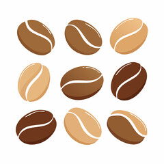 Flat Vector Coffee Beans Set in Various Shapes and Angles, Brown Tones, Isolated on White Background