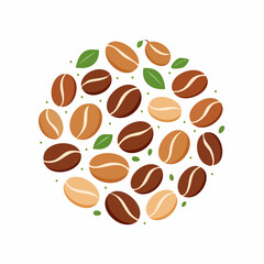 Flat Vector Coffee Beans Set in Various Shapes and Angles, Brown Tones, Isolated on White Background