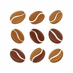 Flat Vector Coffee Beans Set in Various Shapes and Angles, Brown Tones, Isolated on White Background