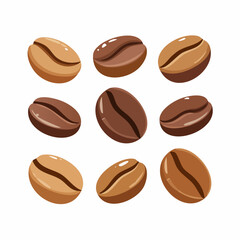Flat Vector Coffee Beans Set in Various Shapes and Angles, Brown Tones, Isolated on White Background