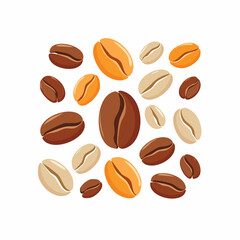 Flat Vector Coffee Beans Set in Various Shapes and Angles, Brown Tones, Isolated on White Background
