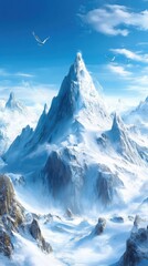 Obraz premium Majestic Mountain Peaks Under Blue Sky With Eagles Soaring High Above in Winter Landscape Scenic View