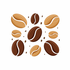 Flat Vector Coffee Beans Set in Various Shapes and Angles, Brown Tones, Isolated on White Background