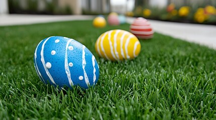 Painted Easter Eggs on Green Grass