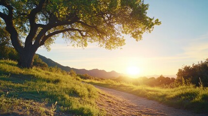 Sunrise or sunset landscape with oak tree and path