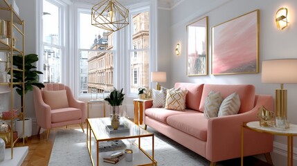 Elegant living room featuring a blush pink color palette.  Golden accents and art add a touch of glamour
