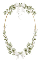 Circular botanical Wreath with watercolor Eucalyptus Branches and white ribbons. Illustration of vertical Template for wedding invitations, birth announcements, and Baby shower greeting cards