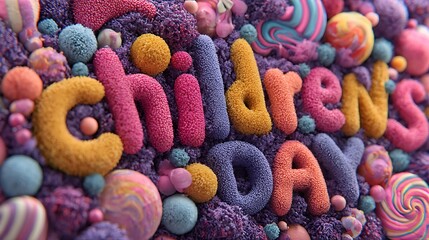 Children&rsquo;s Day greeting design featuring playful cartoon art font with vibrant colors and cheerful style, ideal for holiday banners, kids&rsquo; party invitations, festive templates