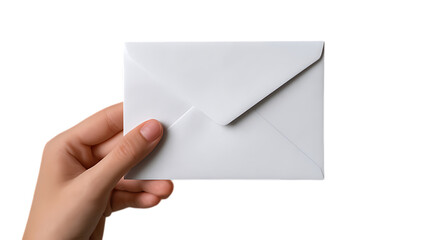 Hand holding a white envelope against a dark background in a close up view