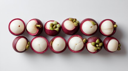 Top-Down View of Mangosteen Halves on Neutral Background