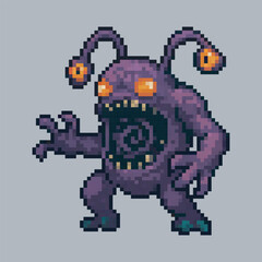 Purple monster character in pixel art style with isolated background © Pixeleart