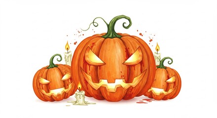 Three Jack-o'-lanterns with Candles on White Background