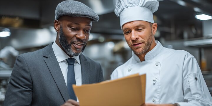 Health inspector reviews documents with chef in commercial kitchen. Professional check meal quality, hygiene standards, food safety. Inspector wears suit, chef in uniform. Discussing