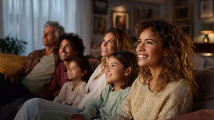 Obraz premium Happy Family Watching Tv Together on Sofa at Home, Representing Togetherness and Quality Time, Creating Memories and Strengthening Family Bonds : Generative AI
