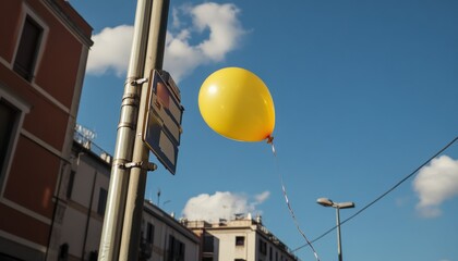 Yellow balloon caught on street sign urban area photography daylight close-up playful concept