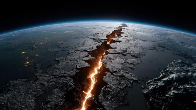 Dramatic glowing crack on Earth surface showing intense heat and destruction under dark landscape, powerful natural disaster on planet with fiery volcanic fissure and tectonic activity