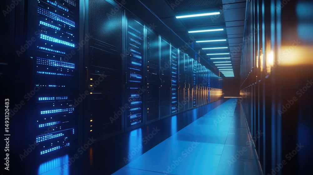 Aufkleber Dark futuristic server room with glowing blue data racks and moody lighting, ideal for visuals related to cloud computing, cybersecurity, and digital technology infrastructure