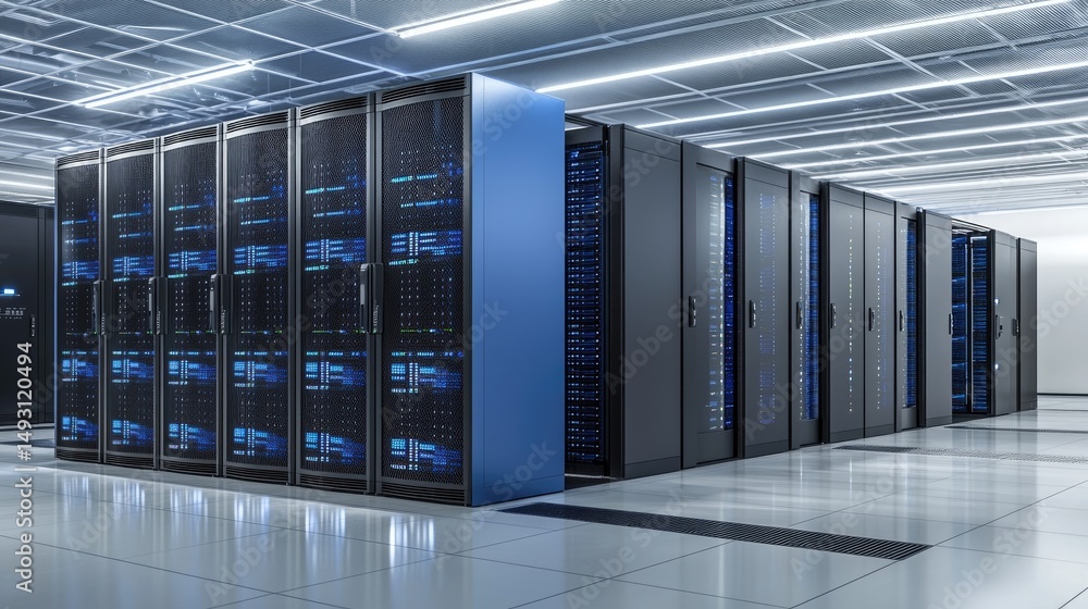Poster Modern 3D rendering of a high-tech server room with sleek blue and black racks under bright lighting, perfect for cloud computing, cybersecurity, and data infrastructure content