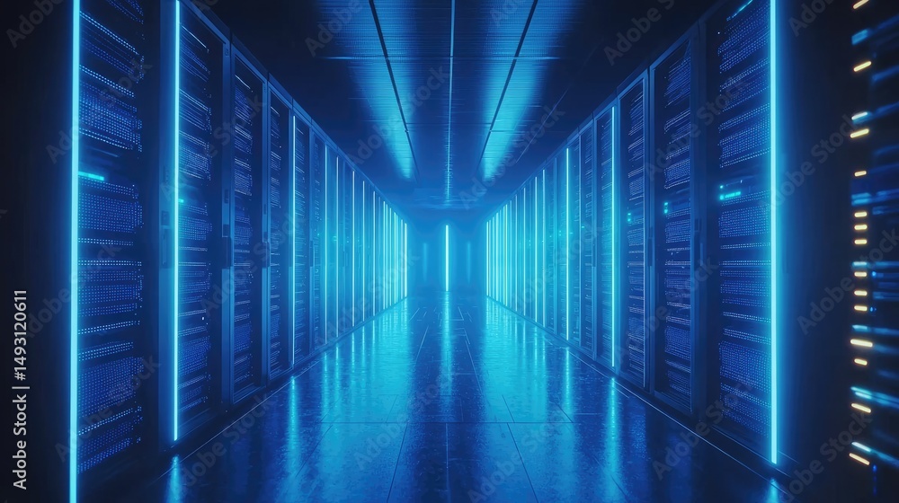 Aufkleber symmetrical 3d render of a futuristic data center hallway glowing in blue light, ideal for illustrat