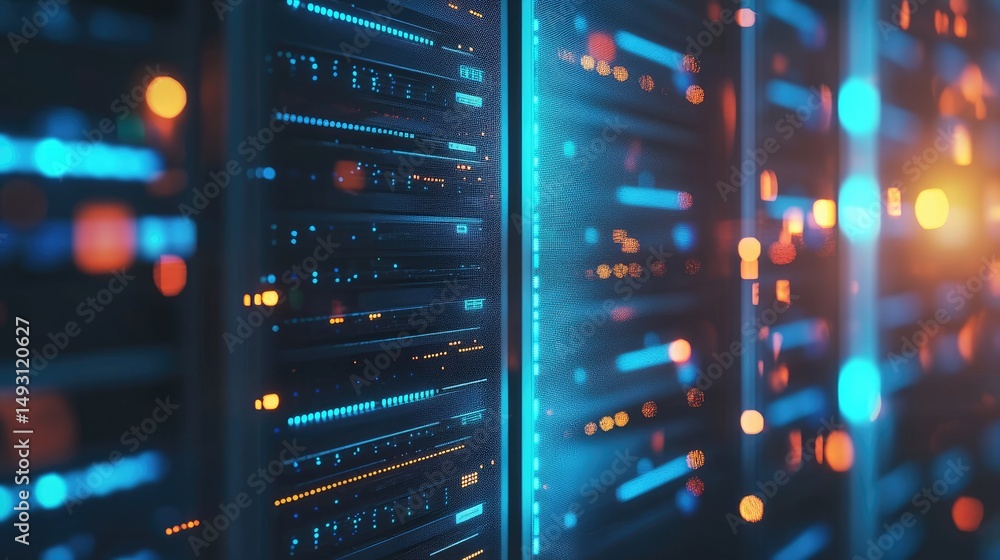 Poster 3D render of modern glowing servers in a data center with orange and blue lights, great for cloud technology, big data visualization, and high-performance computing themes