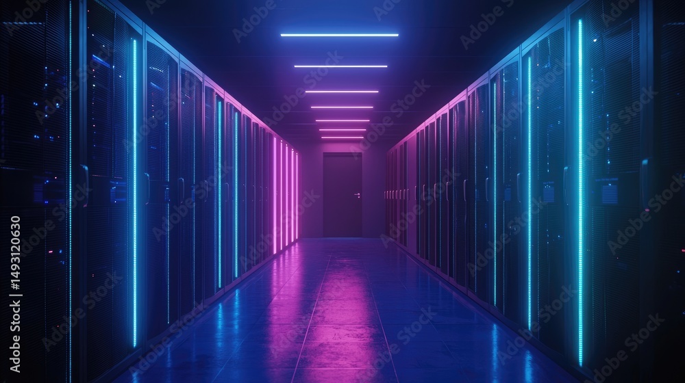 Poster Futuristic data center corridor with glowing pink and blue lights and server racks, ideal for cloud computing, tech visuals, and high-performance digital infrastructure themes