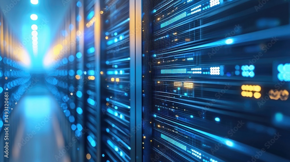Aufkleber Futuristic 3D rendering of a glowing blue server room with illuminated data racks and high-speed network infrastructure, ideal for tech marketing, cloud computing, and data center visuals
