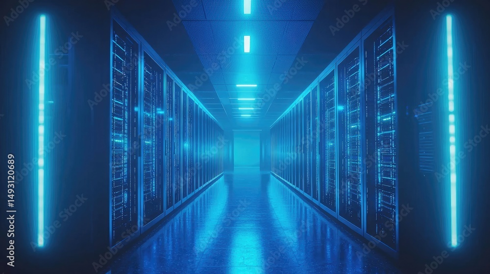 Leinwandbilder bright blue-lit futuristic server corridor with symmetrical racks and glowing lights, ideal for visu
