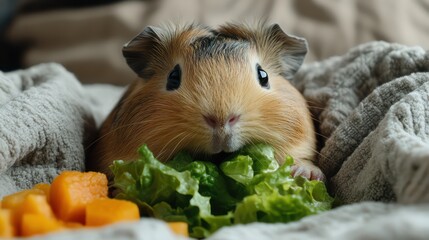 Chubby guinea pig happily munches lettuce, set against soft peach and white background.