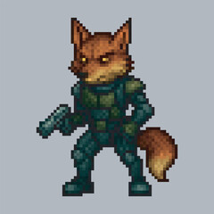 fox soldier character in pixel art style with isolated background