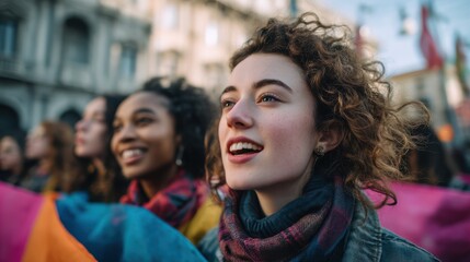 Fototapeta premium Diverse Group of Women at Outdoor Rally, Demonstrating Unity and Social Awareness for Community Engagement and Women's Empowerment Initiatives : Generative AI