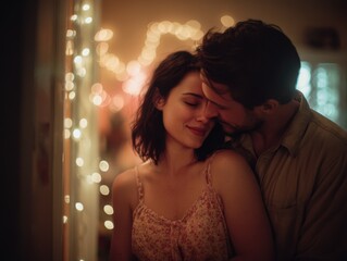 Romantic Couple Embracing in Warm Light, Illustrating Togetherness and Intimate Connection for Relationship Counseling and Valentine's Day Campaigns : Generative AI