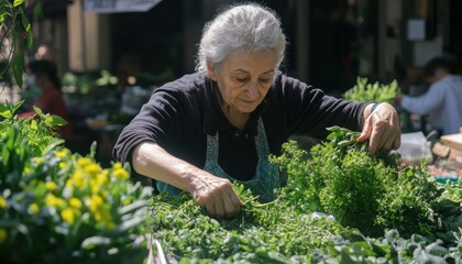 Fototapeta premium Elderly woman selling fresh herbs in modern tech market urban setting lifestyle portrait vibrant greenery intimate viewpoint