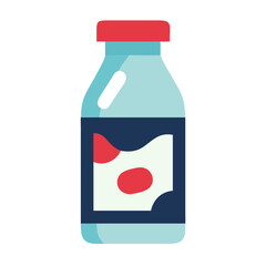 Simple flat-style icon of a bottle with a red cap and abstract label, representing a condiment, drink, or packaged liquid.
