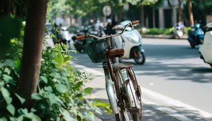 Naklejka premium Old rustic bicycle amid modern scooters on urban street contrast of vintage and contemporary city environment close-up view