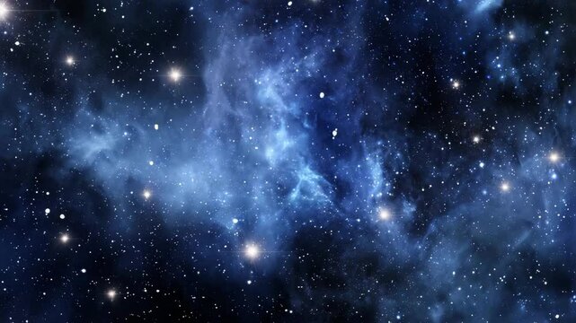 Deep blue starry sky with glowing stars, nebula clouds, and galaxy in space