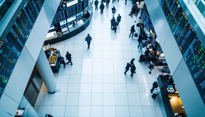 High angle view of busy trading floor with professionals and digital displays