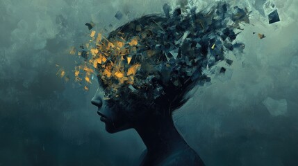 Abstract digital painting of a woman's profile with fragmented head on a textured background