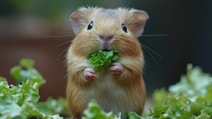 Chubby guinea pig happily munches lettuce, set against soft peach and white background.