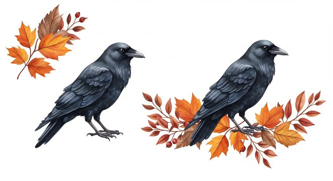Two Black Crows Among Autumn Leaves