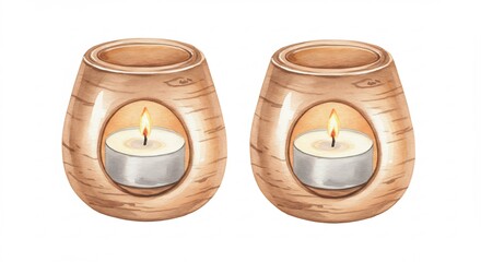 Two Brown Wooden Candle Burners with Lit Candles