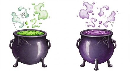 Two Cauldrons with Bubbling Green and Purple Potions