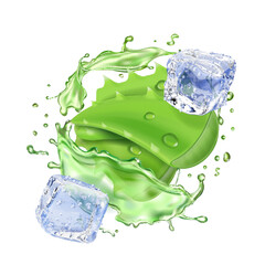 Aloe juice, aloe vera leaves and juice splash with ice cubes. Refreshing moisturizing lotion. Spa herb Health and care 3d vector icon isolated on white